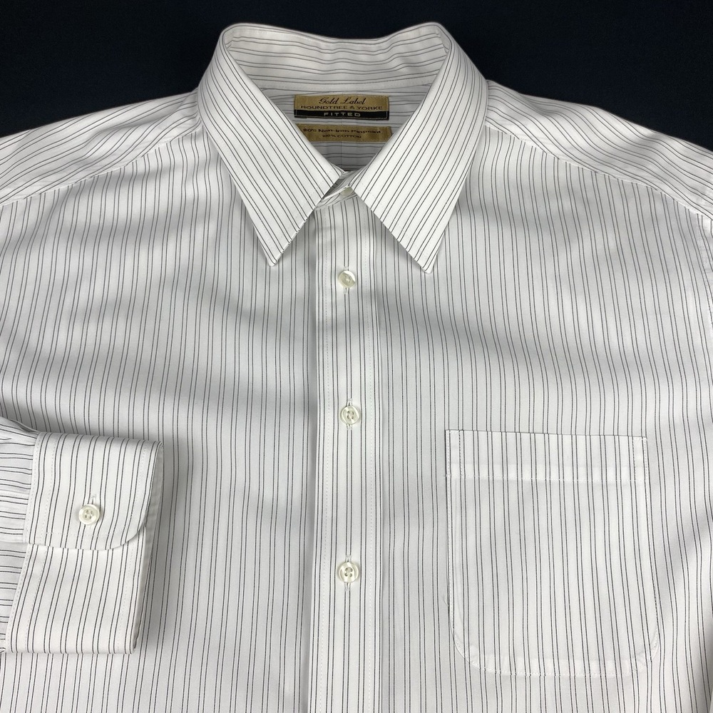 Roundtree & Yorke Gold Label Dress Shirt Mens 17-33 White w/Black Stripes Fitted